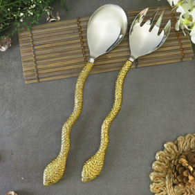 Premium Steel Salad Server Spoon Fork  Server (set of 2) Handicraft Gold Snake Design Handles for Dinning Table