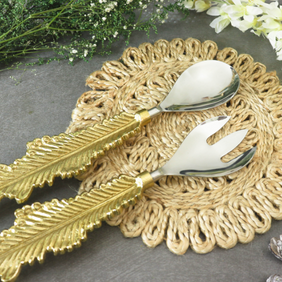 Premium Steel Spoon Fork 2 Pieces Salad Server Handicraft Gold Feather Design Handles for Dinning Table