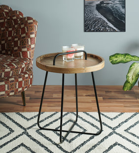 Solid Mango Wood 3 Legs Round End Table With Black Metal Frame For Home -Natural Finish