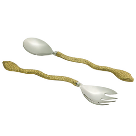 Premium Steel Salad Server Spoon Fork  Server (set of 2) Handicraft Gold Snake Design Handles for Dinning Table