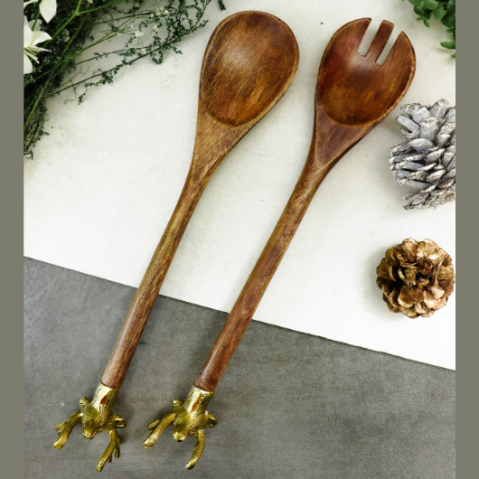 4 Pieces 10.2 Inch Wood Salad Spoons Salad Servers Wooden Serving Spoons  and Long Wood Serving Forks Non-Stick Teak Wooden Salad Server Tools for