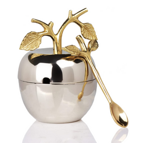 Apple Shaped Steel Storage Jar With Brass Spoon and Leaf Kitchen Canisters