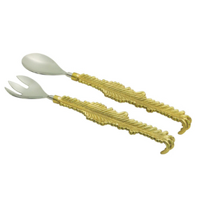 Premium Steel Spoon Fork 2 Pieces Salad Server Handicraft Gold Feather Design Handles for Dinning Table