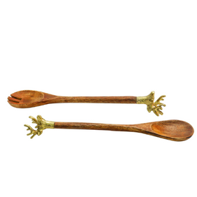 Wooden Salad Serving Spoon & Serving Fork Set in Stainless Steel & Wood (Set of 2) - Noodle Pasta Server Salad Serving Spoons for Dinner Set Kitchen Cutlery Set