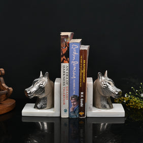 Vintage Style Decorative Horse & Books Silver-Colored Marble Metal Bookends