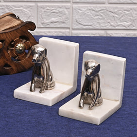 Vintage Style Decorative Dog & Books Silver-Colored Marble Bookends Table Top Pack of 2